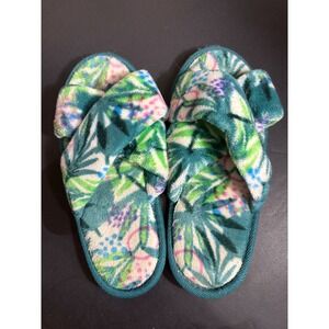 Tropical Floral Crisscross Plush Slide Slippers Teal Green Pink S/M